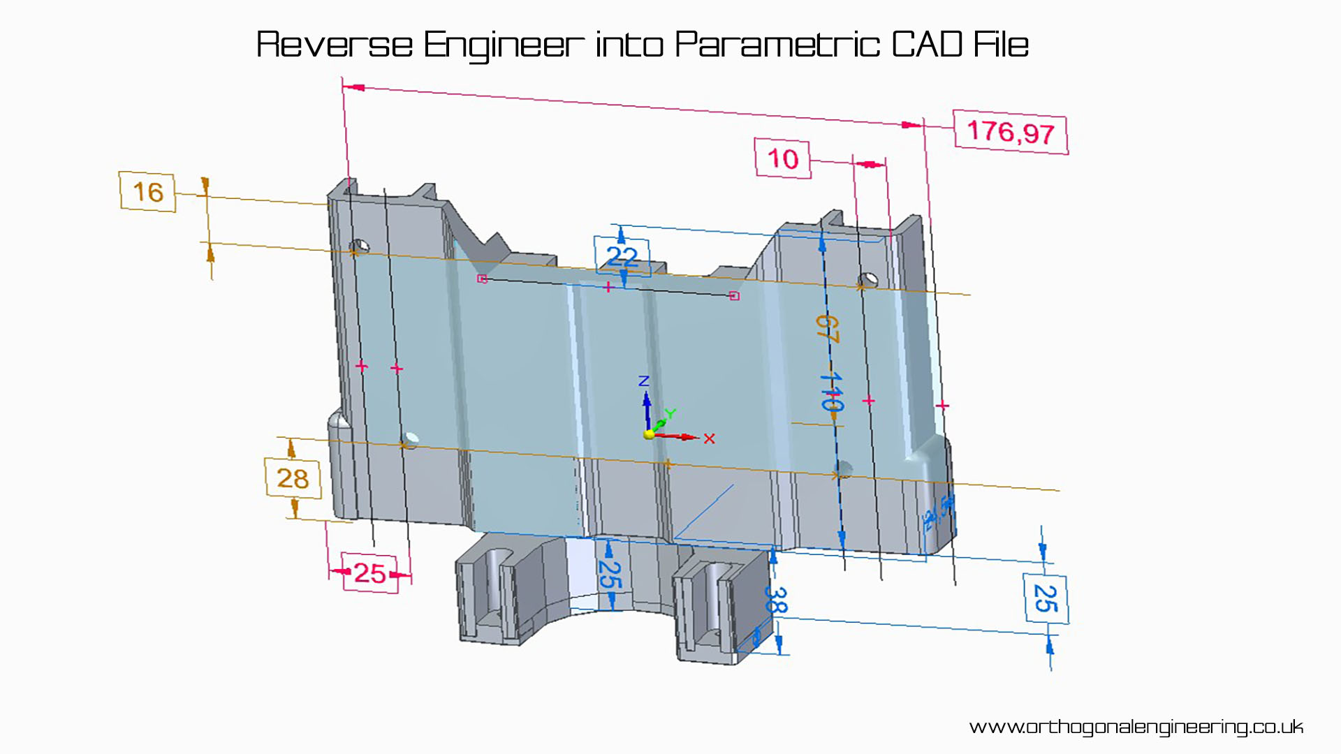 Computer Aided Design graphic showing a 3D part (bracket) with dimensions which has been modelled from the NURBS file